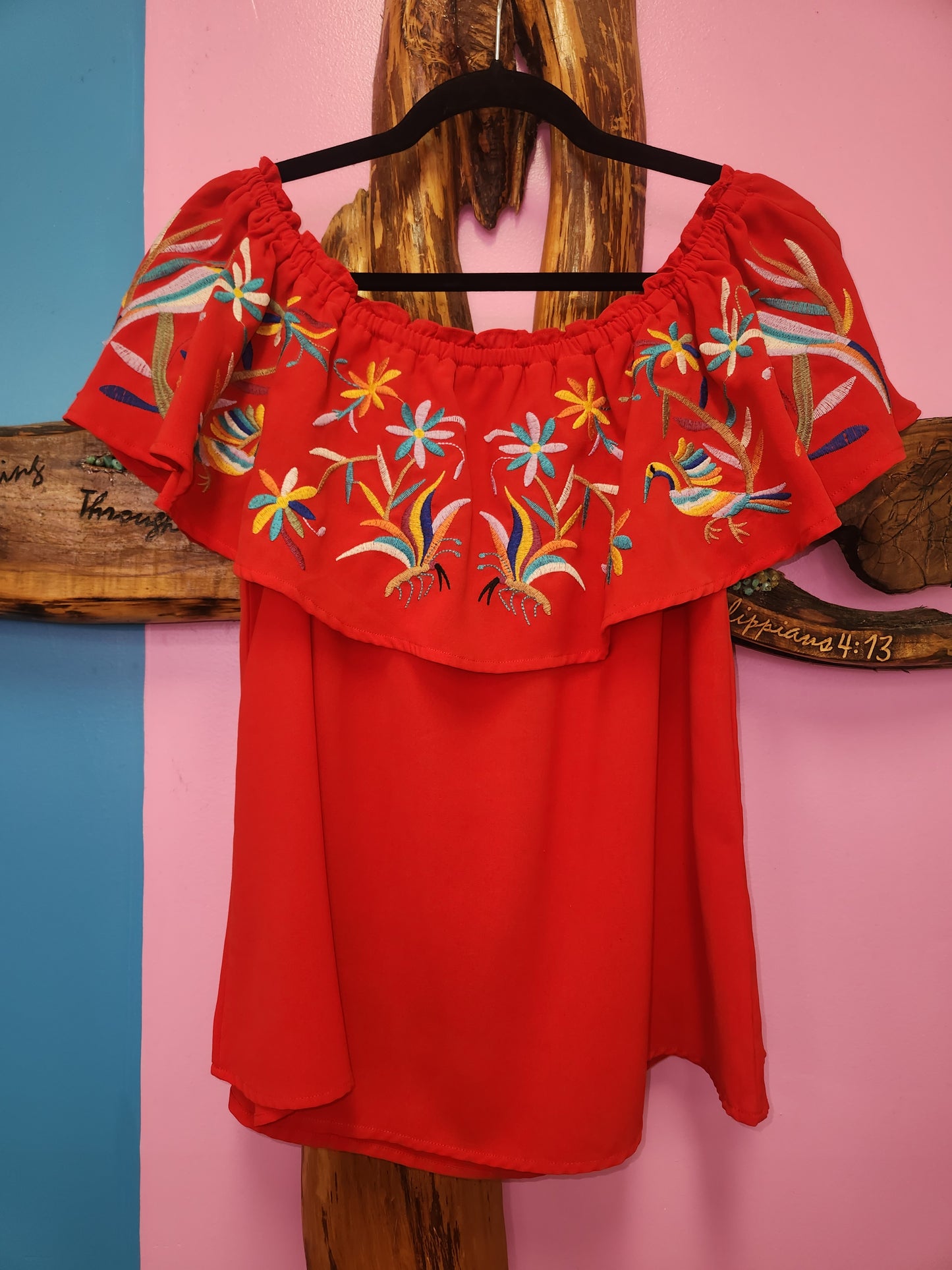 Entro Embroidered Red Off Shoulder Top Medium